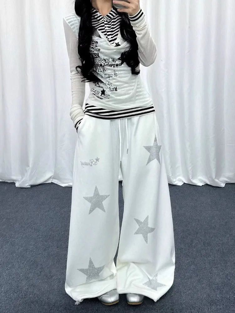 Women's Star Pattern Design Hip-hop Wide Leg Sweatpants Unisex Pants Cool Girl Loose Bottoms Female High Waisted Baggy Trousers