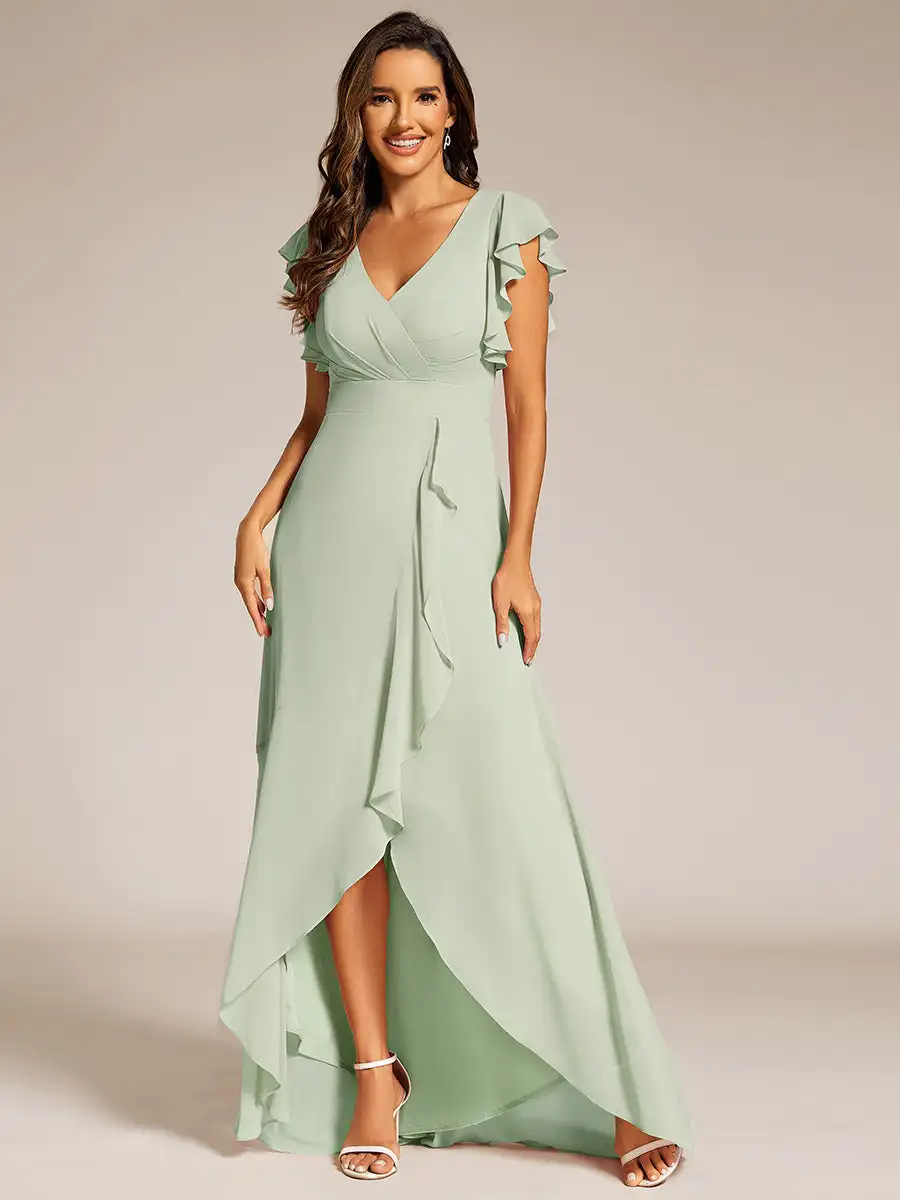 

Elegant Evening Dresses Deep V Neck Flying sleeve Empire Waist 2024 BAZIIINGAAA of A-Line Chiffon Mint Green Bridesmaids Dress