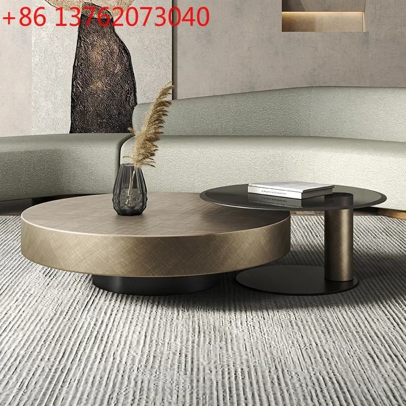 

2026 Italian light luxury minimalist round stainless steel coffee table tempered glass rock slab edge table