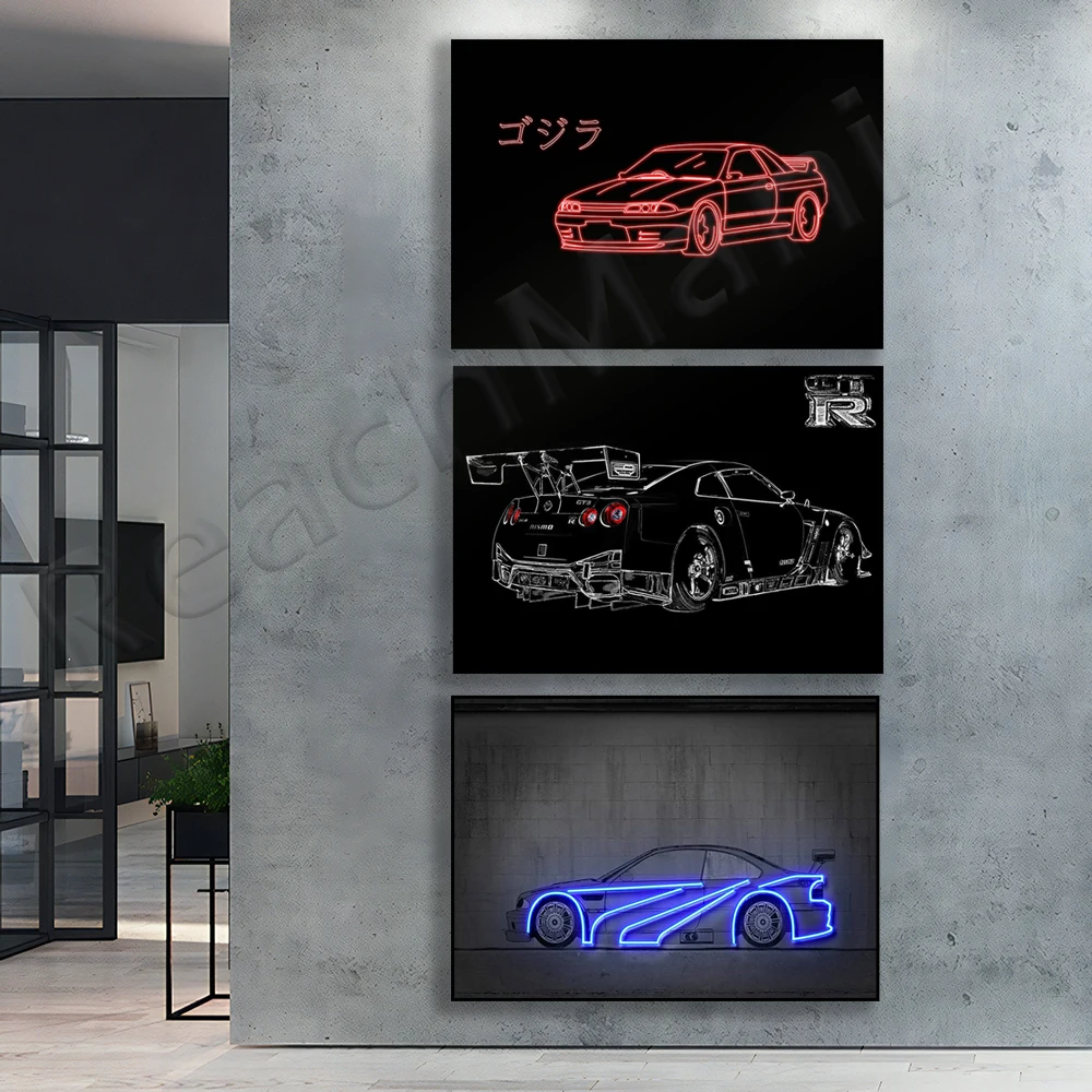 Неоновый постер R32 GTR Skyline, черно-белая Автомобильная линия Nissan GTR, Настенный декор Nissan Nismo, автомобильное искусство, подарки для любителей автомобилей