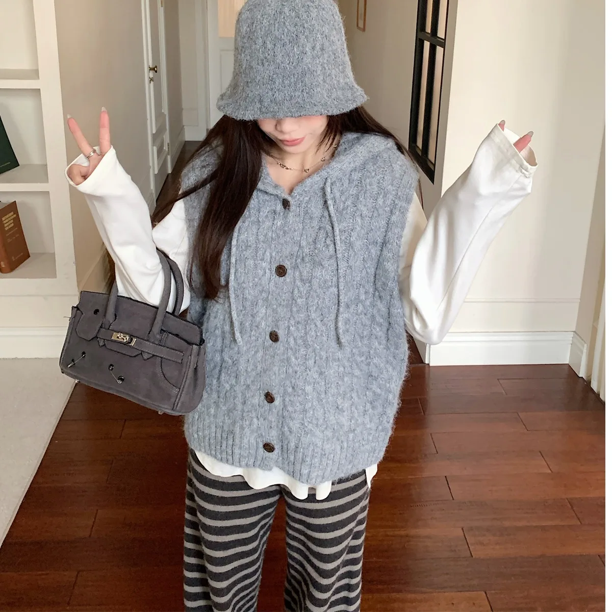 Damen-Strickmütze, Weste, weich, gemütlich, Herbst und Winter, Faion, Einzelknopf, Svel-Pullover, Oberteil, lässig, bequem, lockere Passform