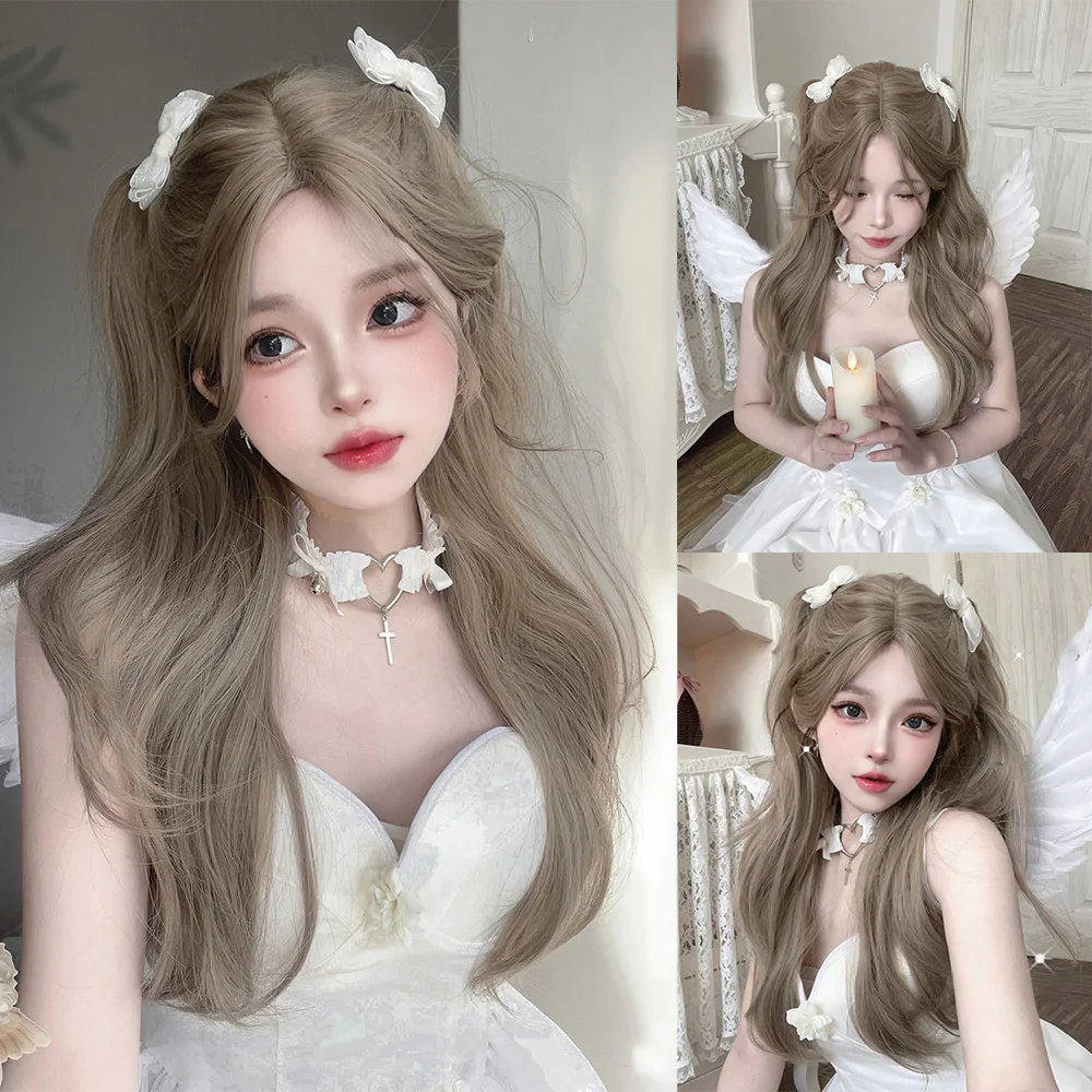 

26Inch Grey Brown Color Synthetic Wigs Middle Part Long Natural Wavy Hair Wig For Women Daily Use Cosplay Party Heat Resistant