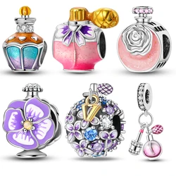 925 Sterling Silver Purple Glazed Flower Romantic Perfume Bottle Beads Charms Pendant Fit 4MM Aperture Bracelets DIY Jewelry
