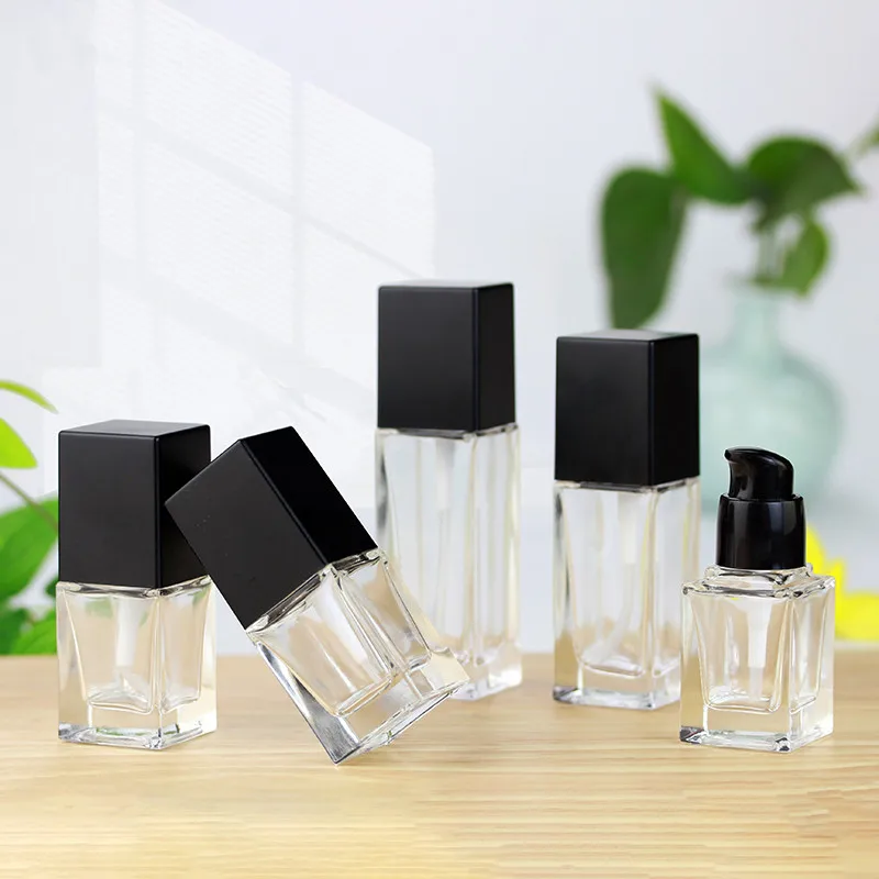 15ml 30ml 40ml Square Liquid Foundation Clear Glass Bottle Essence Emulsion Refillable Bottles Cosmetic Packaging Container