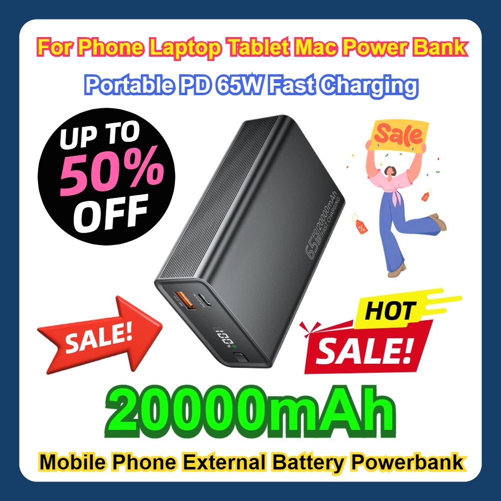 

For Phone Laptop Tablet Mac Power Bank 20000mAh Portable PD 65W Fast Charging Mobile Phone External Battery Powerbank