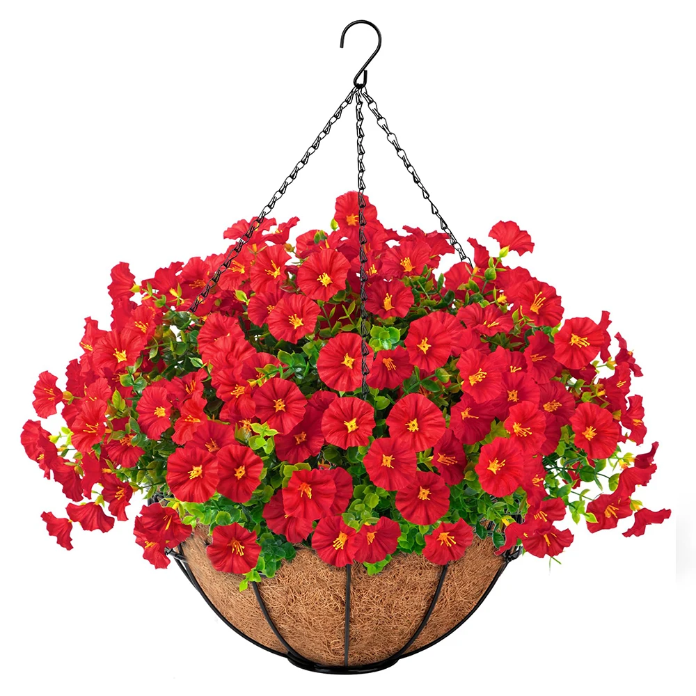 Kunstmatige hangende Morning Glory-bloemen met mandset buitenshuis UV-bestendige nepplanten voor muur huis tuin veranda tuin decor