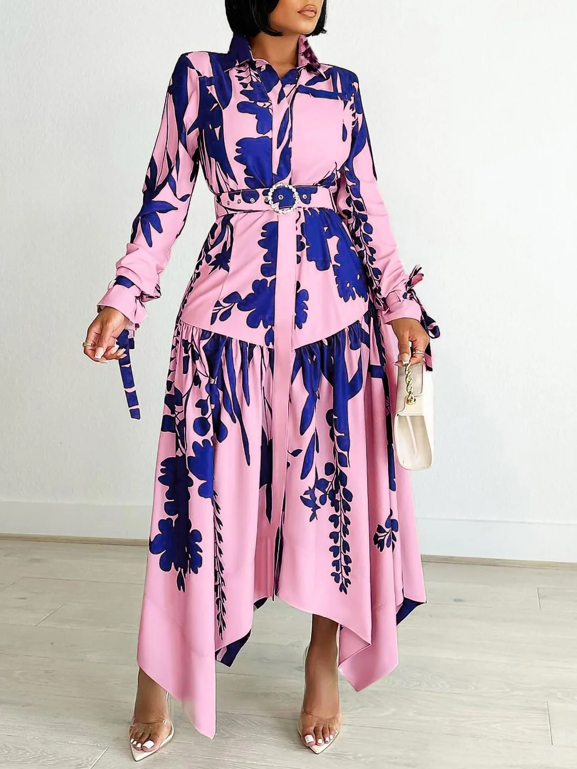 

Women's 2024 autumn new long-sleeved printed lapel irregular loose Large size Dresses