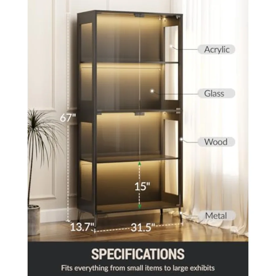 Glass display cabinet with doors for collectibles and books, black metal base, 4-tier adjustable shelves, RGB LED lights contro