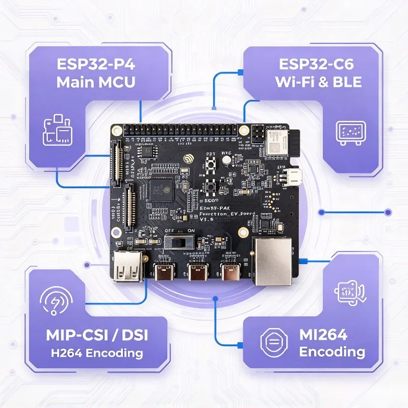 ESP32-P4X-Function-EV-Board, Multimedia Dev Board, ESP32-P4, ESP32-C6, MIPI-CSI/DSI,Video & Smart Display Development