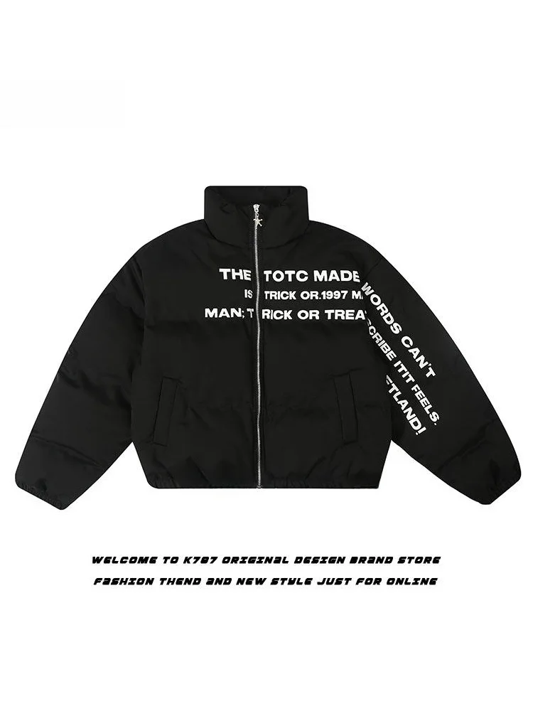 

Thiened Warm Cotton Jaet Street Sle Loose Fit Zipper Closure ort Length Stand Collar Letter Print Winter Outerwear