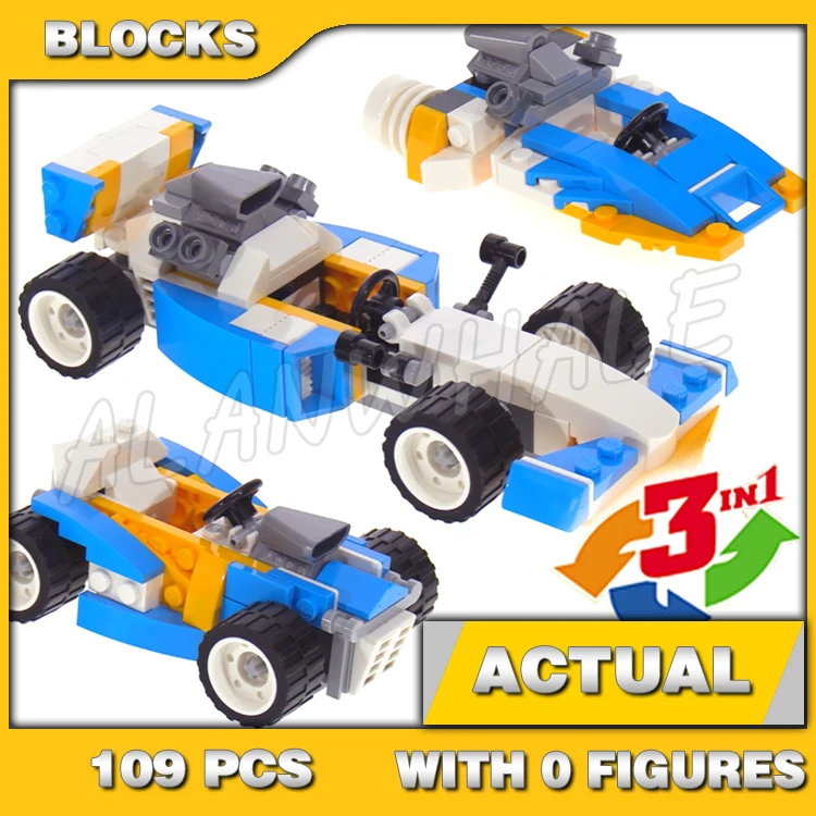 

109pcs Creative 3in1 Extreme Engines Sporty Blue Race Car Hot Rod Speedboat 11043 Building Blocks Toy Compatible With Model