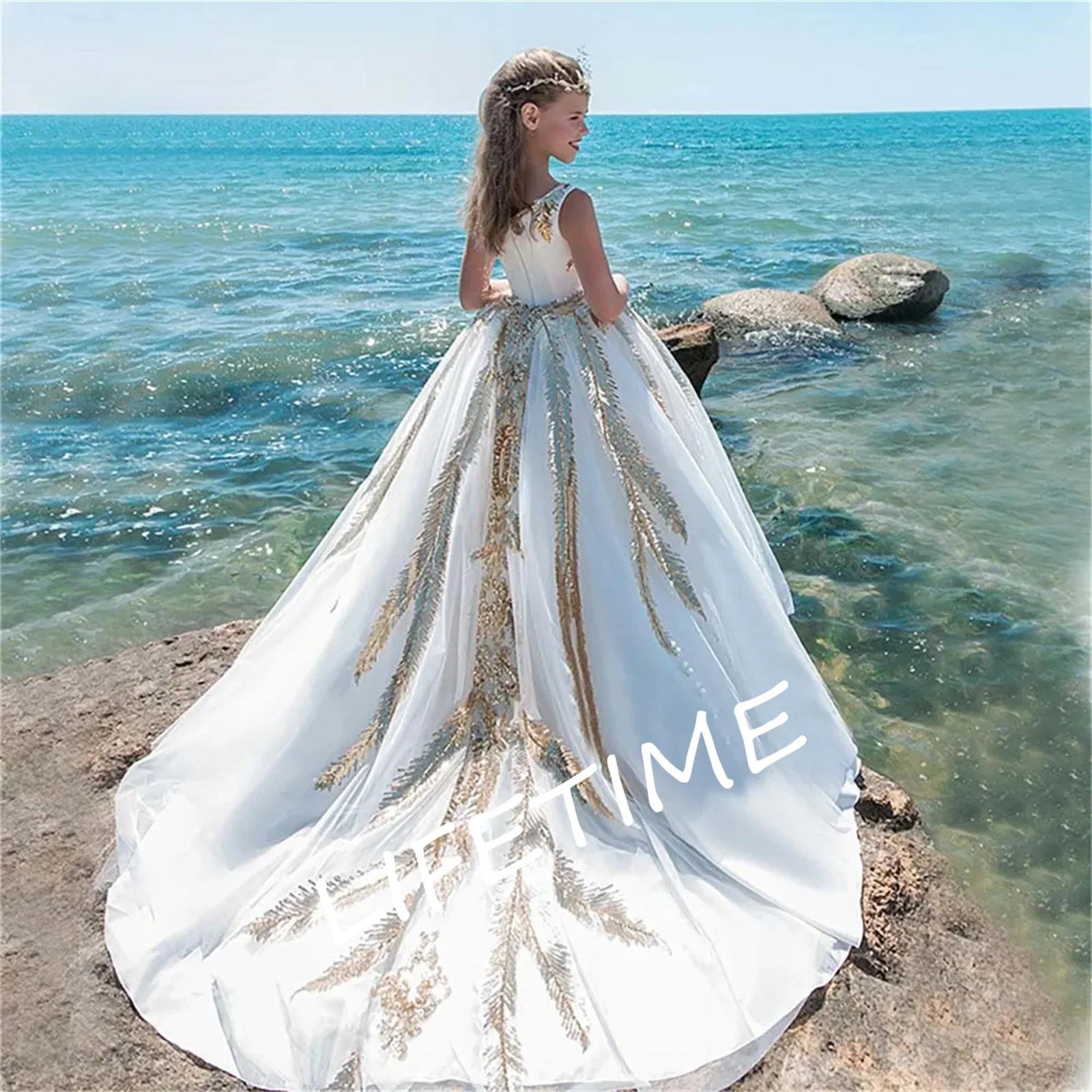 Robe de Luxe à Fleurs en Tulle Blanc et Paillettes Dorées pour Fille, Tenue Élégante de Mariage, de Première Communion, d'Anniversaire, pour Enfant