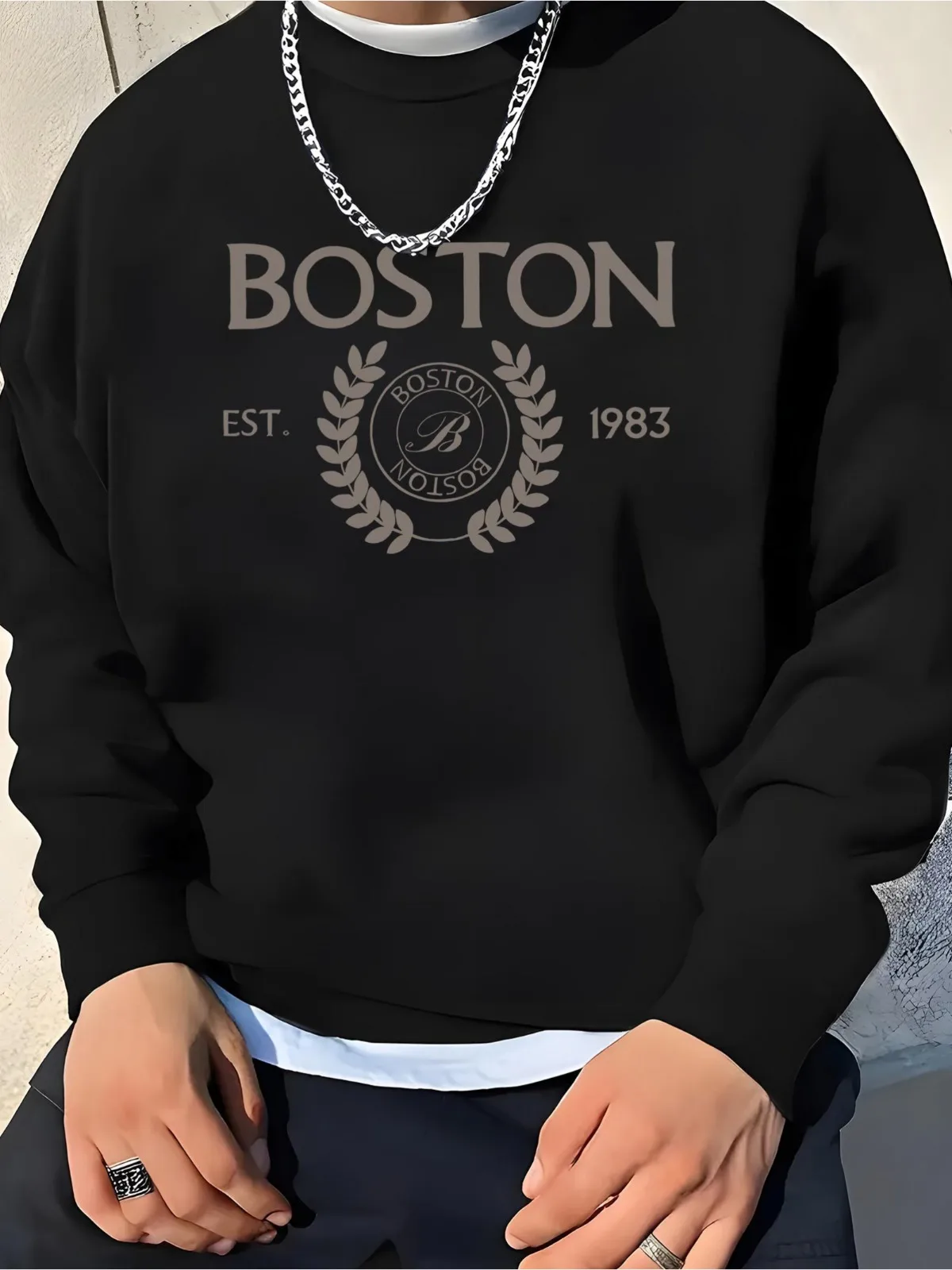 Men's Casual Fashion Long Sleeved Round Neck Pullover Boston Est. 1983 Printed Pattern Suitable for Outdoor Sports Hoodie Tops
