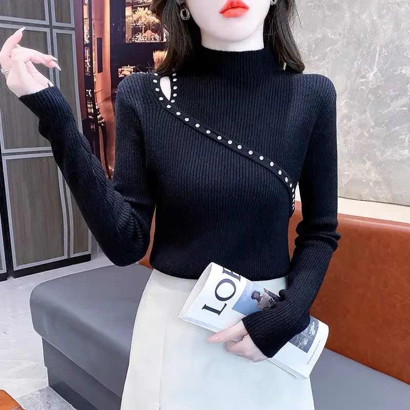 

Autumn Winter Hollow Out All-match Slim Korean Sweaters Women Clothing Long Sleeve Solid Pullovers Top Vintage Elegant Office