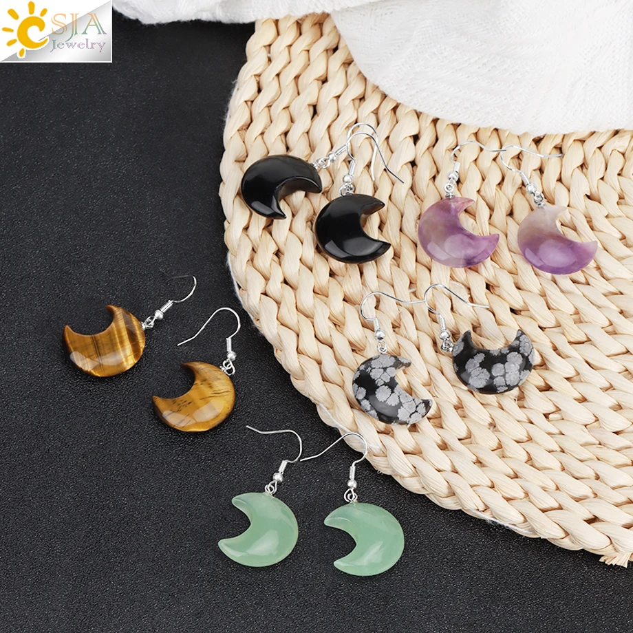 CSJA Natural Stone Crescent Moon Drop Earrings Women Healing Star Pendant Pink Quartz Crystal Hook Earring Vintage Jewelry H388