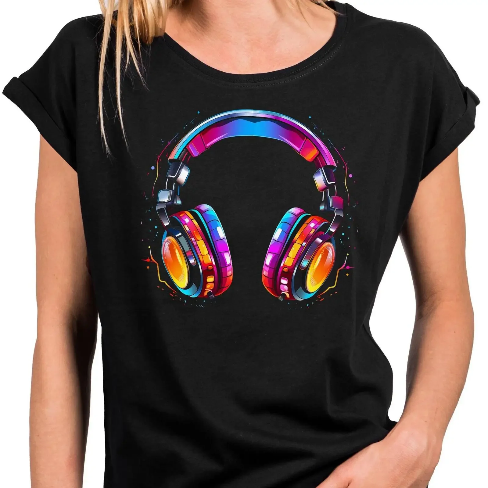 T-shirt musical pour femme, imprimé casque audio, style rock, haut d'été, tenue de festival, style vintage années 80, grandes tailles XS-5XL, effet délavé vintage