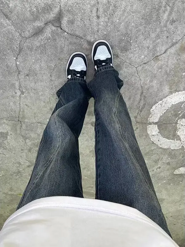 

Мужские джинсы в стиле ретро в стиле пэчворк, универсальные модные повседневные прямые широкие длинные брюки High Street Vibe