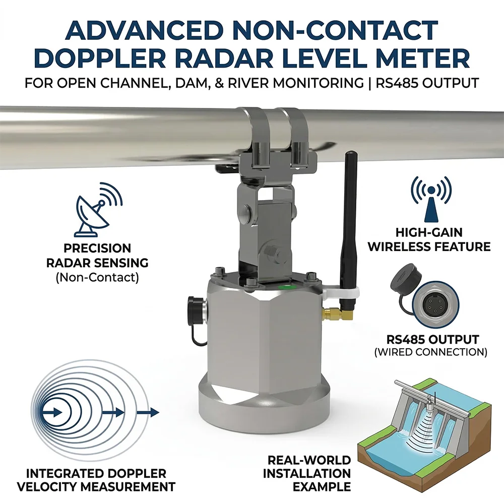 Non-Contact Radar Level Sensor/Transmitter Doppler Radar Level Meter for with Data Logger Solar Power System