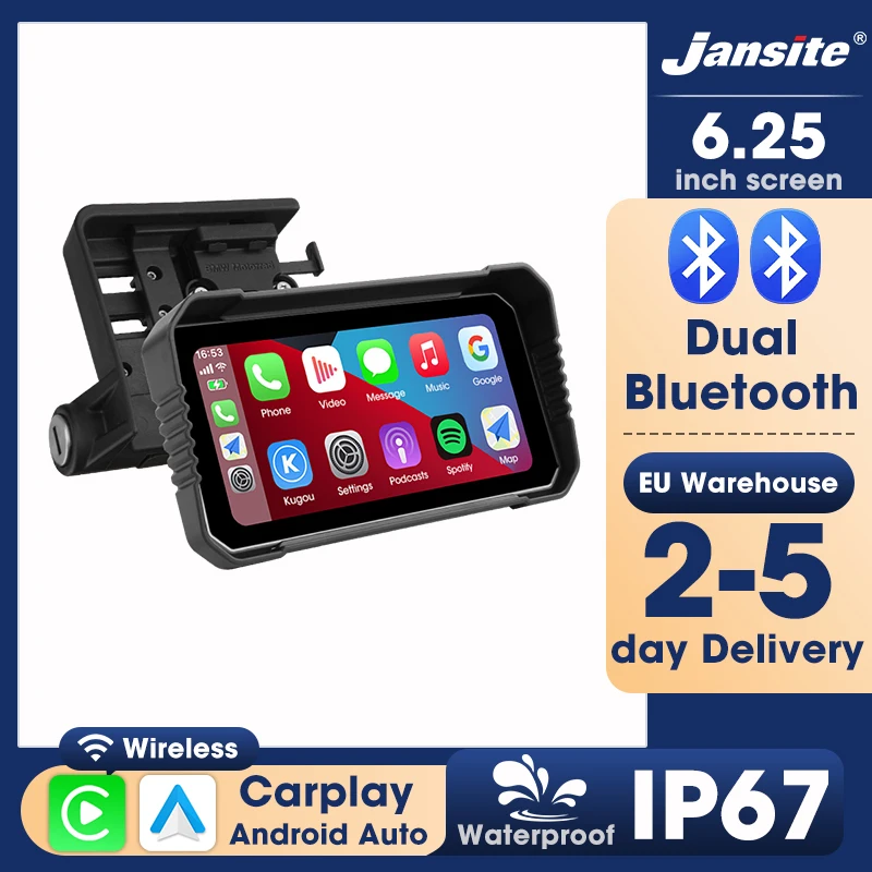 Jansite 6,25 Zoll Motorrad-Display für BMW R1200GS/ R1250GS/ R1300GS /S1000XR, tragbares kabelloses Bluetooth-Carplay-Android-Auto-Digital-Moto-Armaturenbrett-Display, IP67 wasserdicht