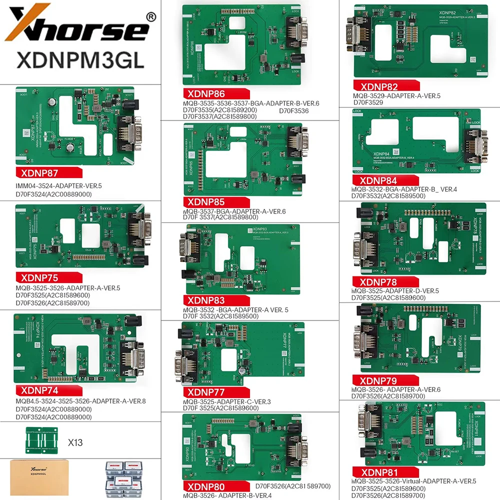 Xhorse MQB48 No Disassembly No Soldering 13 Full Set Adapters XDNPM3GL for VVDI PROG and Key Tool Plus Pad