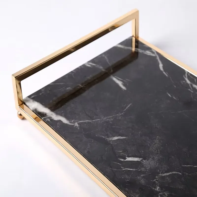 Elegant Black Marble Serving Tray with Gold Handle for Hotel Restaurant Decor Luxury Stone Platter for Dining Table
