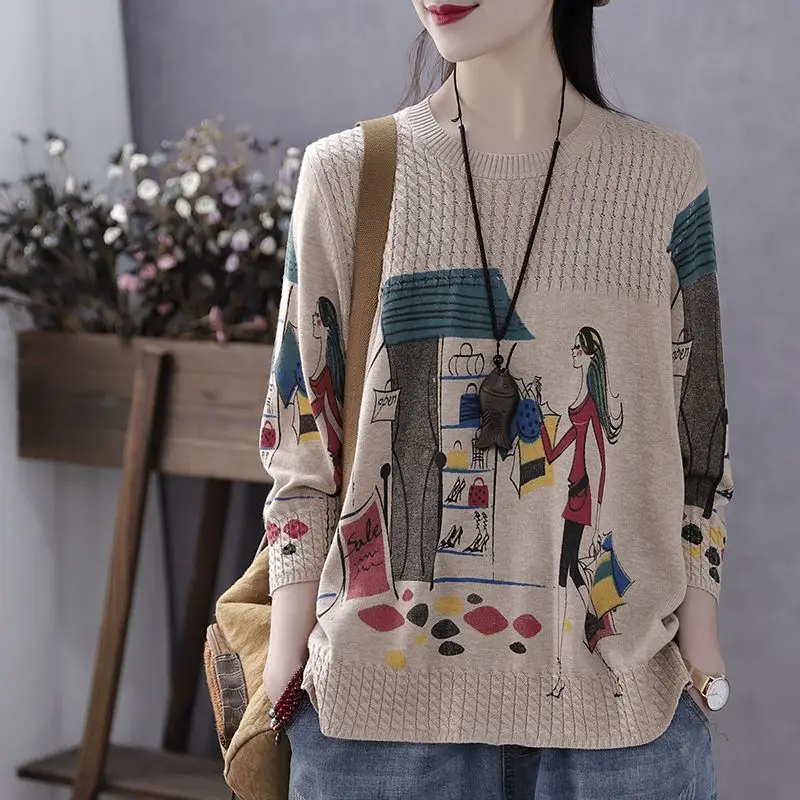 

Women Autumn Fashion Vintage Printing O-neck Sleeve Knitwear Ladies Office Lady All-match Appear Thin Knitting Pullover Tops