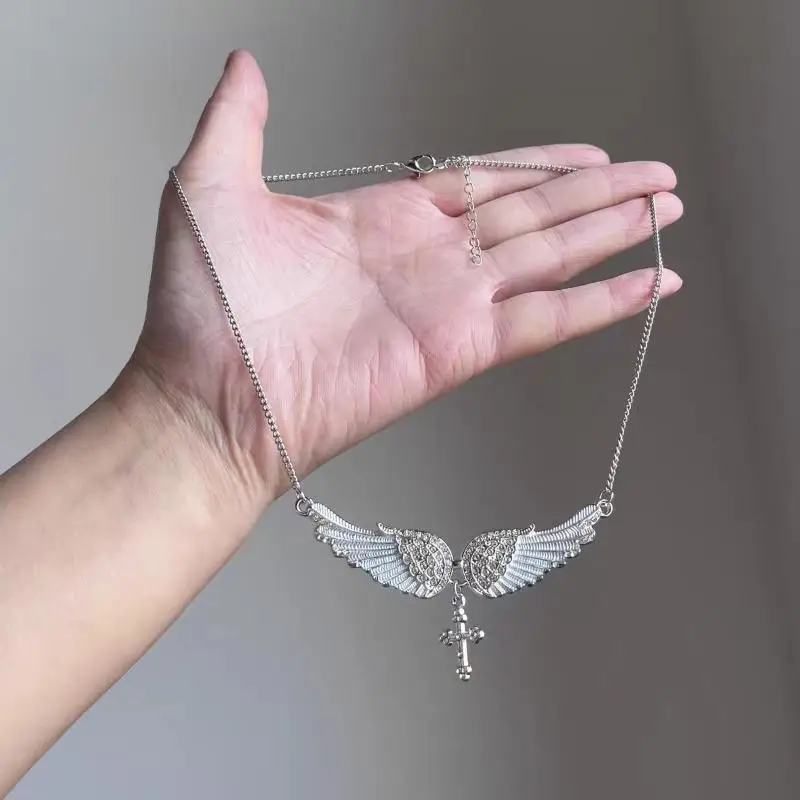 Fashion Blue White Red Charm Crystal Angel Wings Cross Pendant Necklace Vintage Jewelry For Women Bridal Wedding Gift
