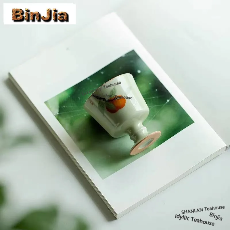 70ml Chinese Flower and Bird to Ceramic Teacup Ru Kiln High Foot Cup Secret Yellow Smelling Personal Tea Bowl Kung Fu Tea Set