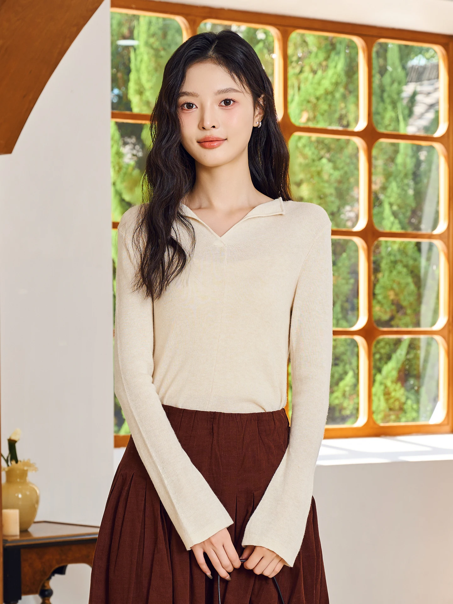 

Casual Knitted Base irt Women's Faion Versatile Slimming Top Small Slit Design Winter New Sle Fay-Fayee Nylon Blend Lon...