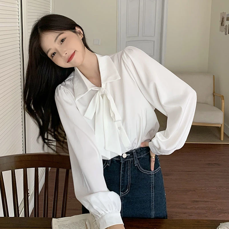 White Shirt Women Fashion Casual Kawaii Lace Up Bow Long Sleeve Tops Korean Elegant All Match Office Ladies Blouse Thin New