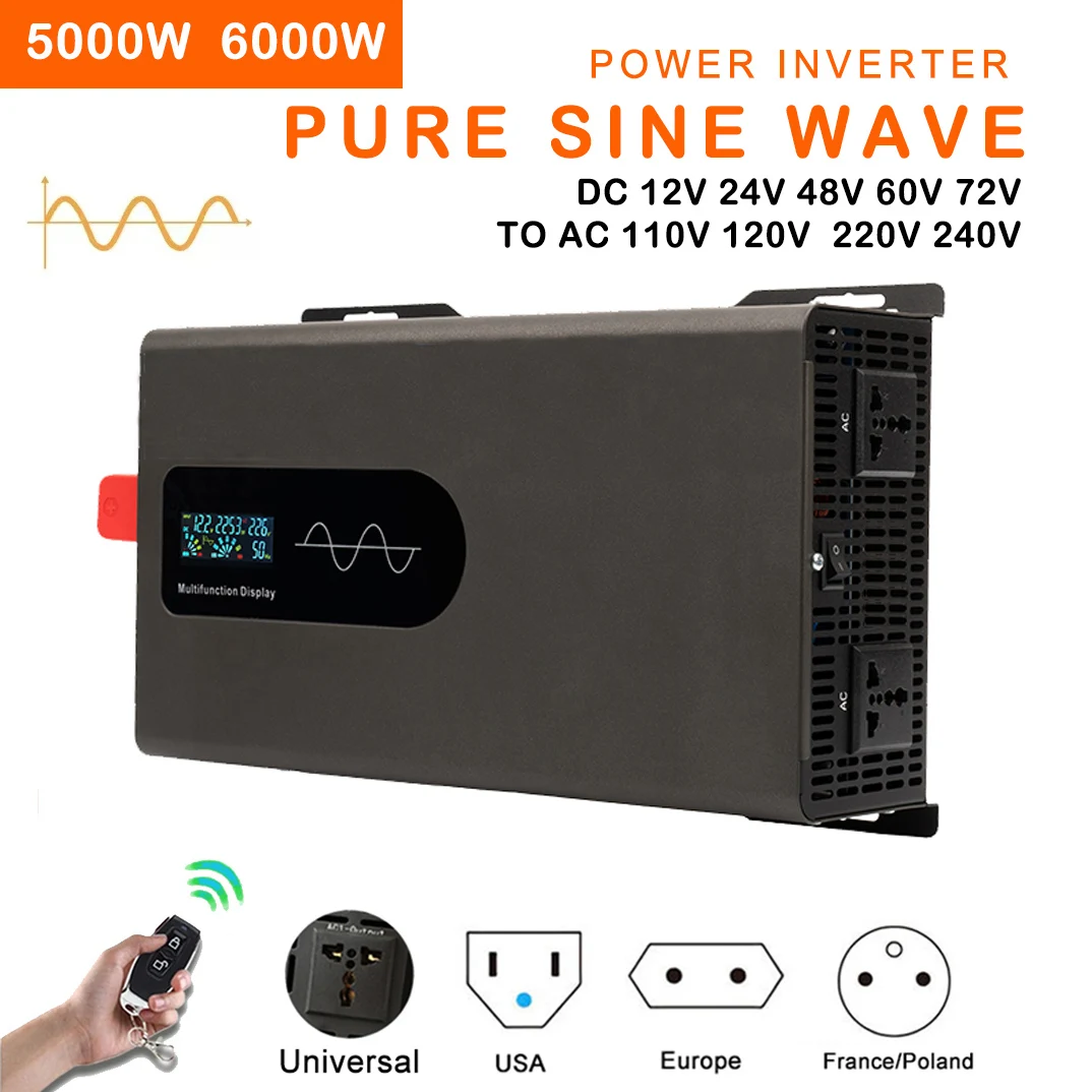 Pure Sine Wave Inverter 12v 220v 5000W 6000W Power 12V-72V To AC 110V-240V Converter Solar Car Inverters Off Grid Wall-mounted