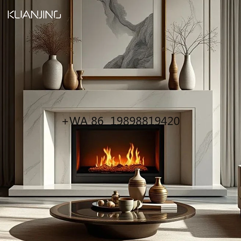 Remote Control Electric Fireplace Freestanding Villa Interior Minimalist TV Cabinet Nature Stone Marble for Apartment Customized