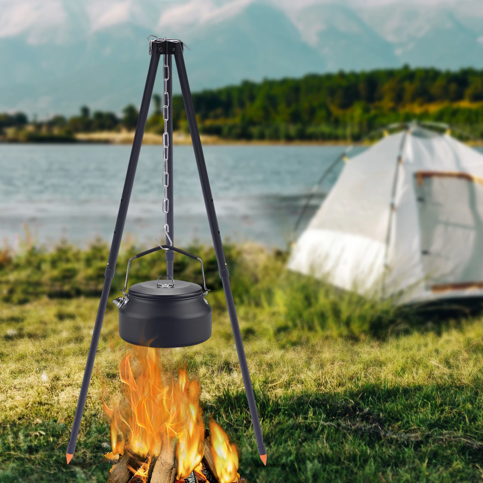 Camping Tripod Lantern Tripod Hanger with Storage Bag Outdoor Activities and Camping Stainless Steel Triangle Hanging Pot Rack