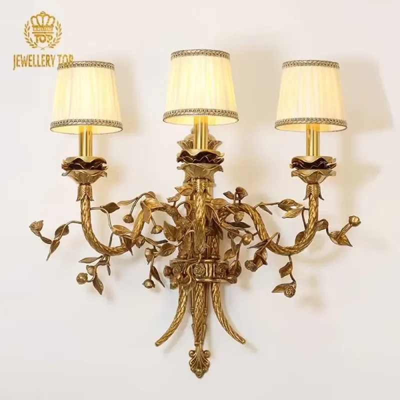 Jewellerytop Baroque Style Brass Leaf Wall Lamp Indoor Decoration Wall Sconce Lights With Fabric Lampshade