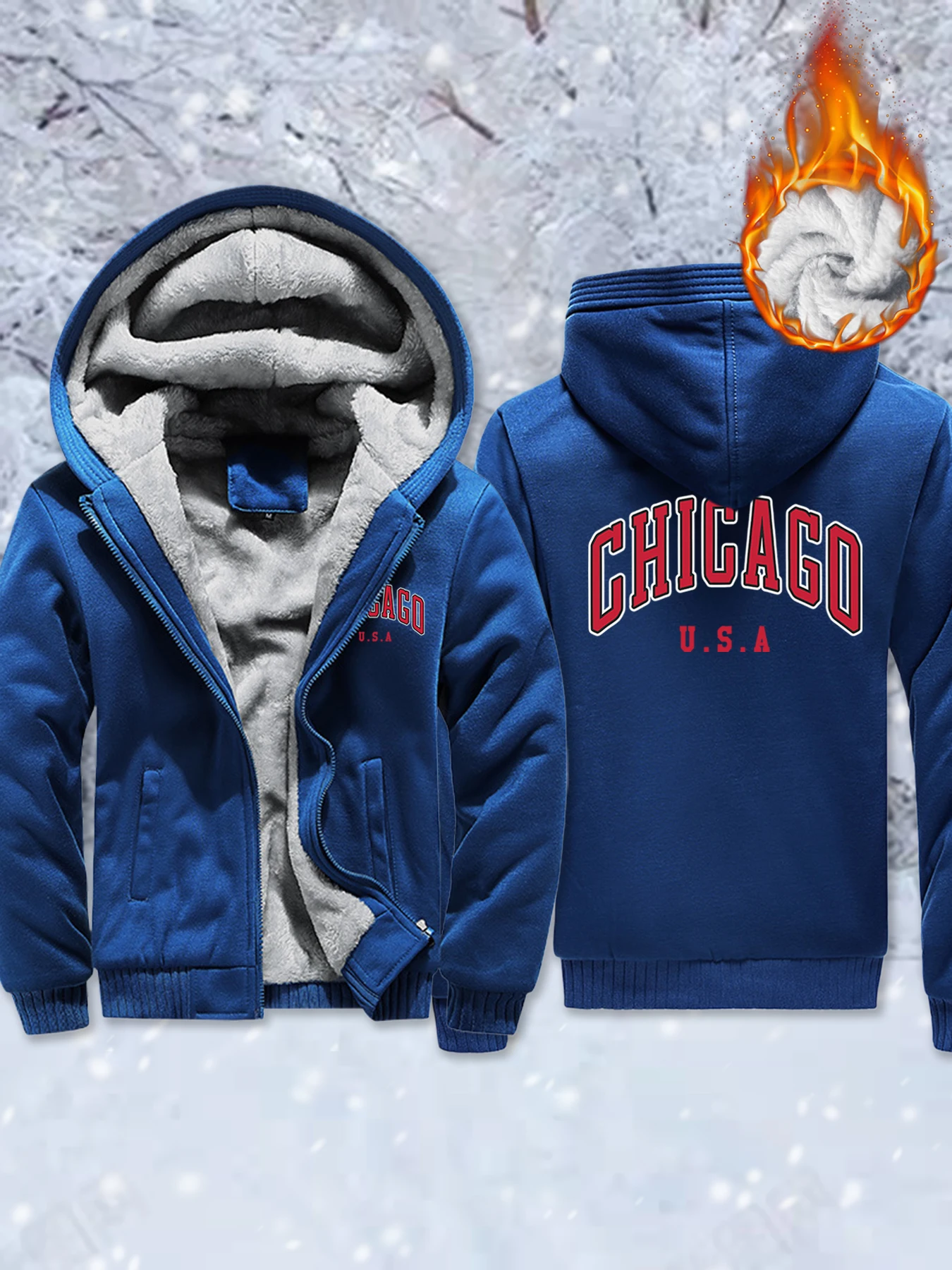 

Chicago Usa Letter Print Men'S Fashion Fleece Jackets Basics Winter Hoodie Warm Thicken Coat Comfy Zipper Sportswear Casual Tops