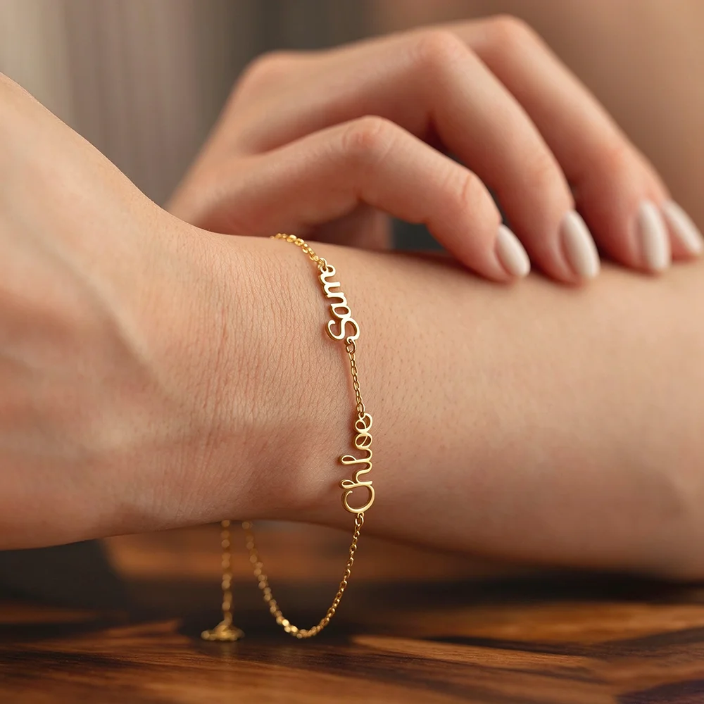 Personalized Name Women Initial Bracelet Stainless Steel Custom Multiple Two Name Letter 18k Gold Plated Christmas Mother Gifts