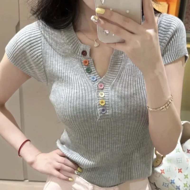 Summer Y2K Clothes Korean Style Tops Women Button Knitted T Shirt V Neck Short Sleeve Thin Tshirts Female Elasticity Slim Tees