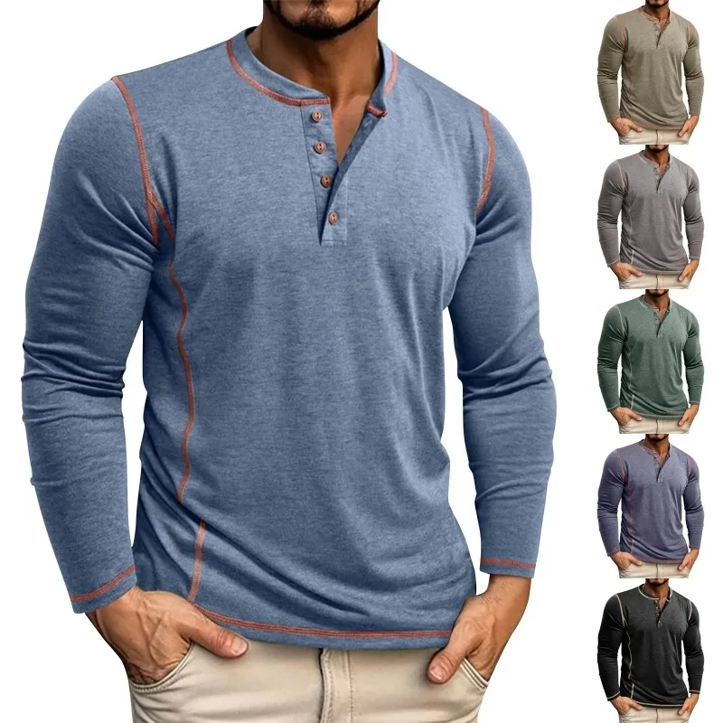 

Men'S Four Button Top Autumn New Long Sleeved Henry Collar T-Shirt Daily Basic Regular Fitting Line Splicing Pullover Tops