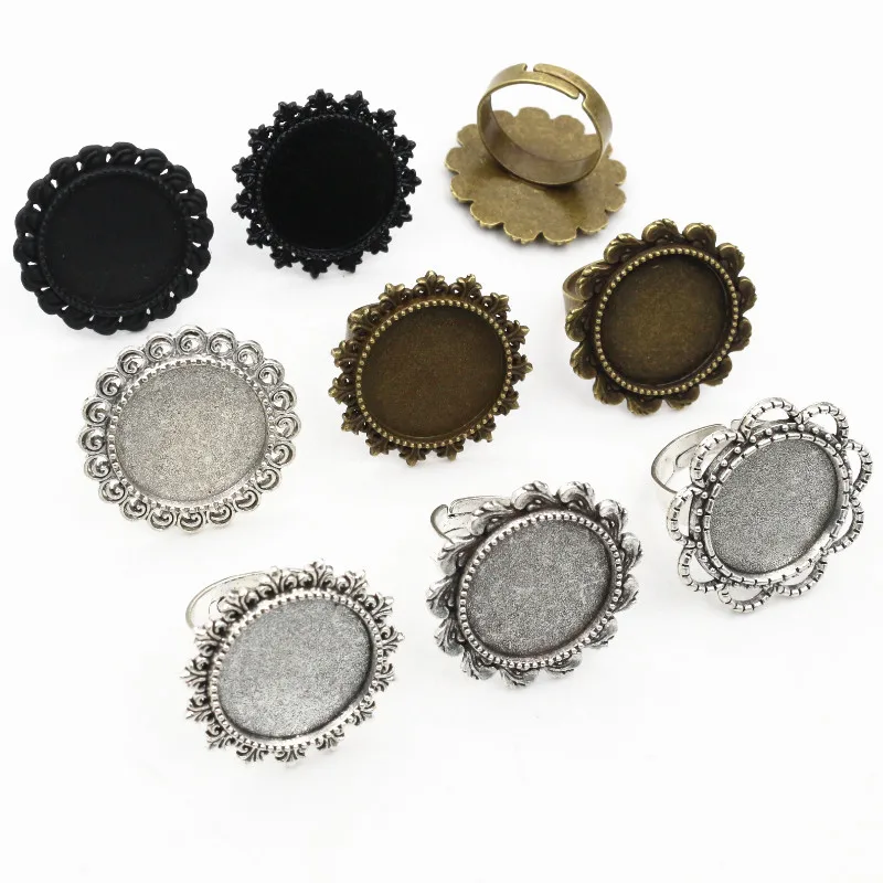 

18mm 6pcs Black And Antique Silver Plated Brass Adjustable Ring Settings Blank/Base,Fit 18mm Glass Cabochons,Buttons;Ring Bezels