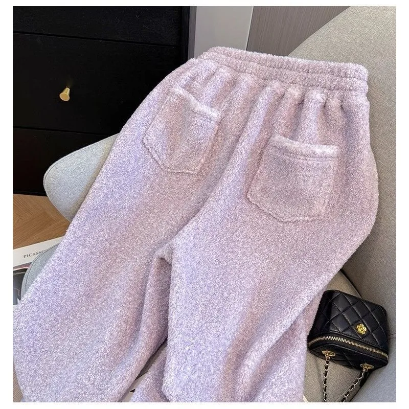 優しい秋と冬のフロッキー加工レディース伸縮性ハイウエストポケット付きおしゃれカジュアル暖かいパンツ