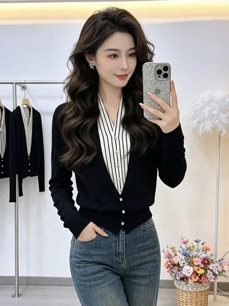 Korean Style Loose Fit Color Block Open Cardigan Versatile Casual Long Sleeve T-Shirt Outerwear Slimming Effect Popular Online