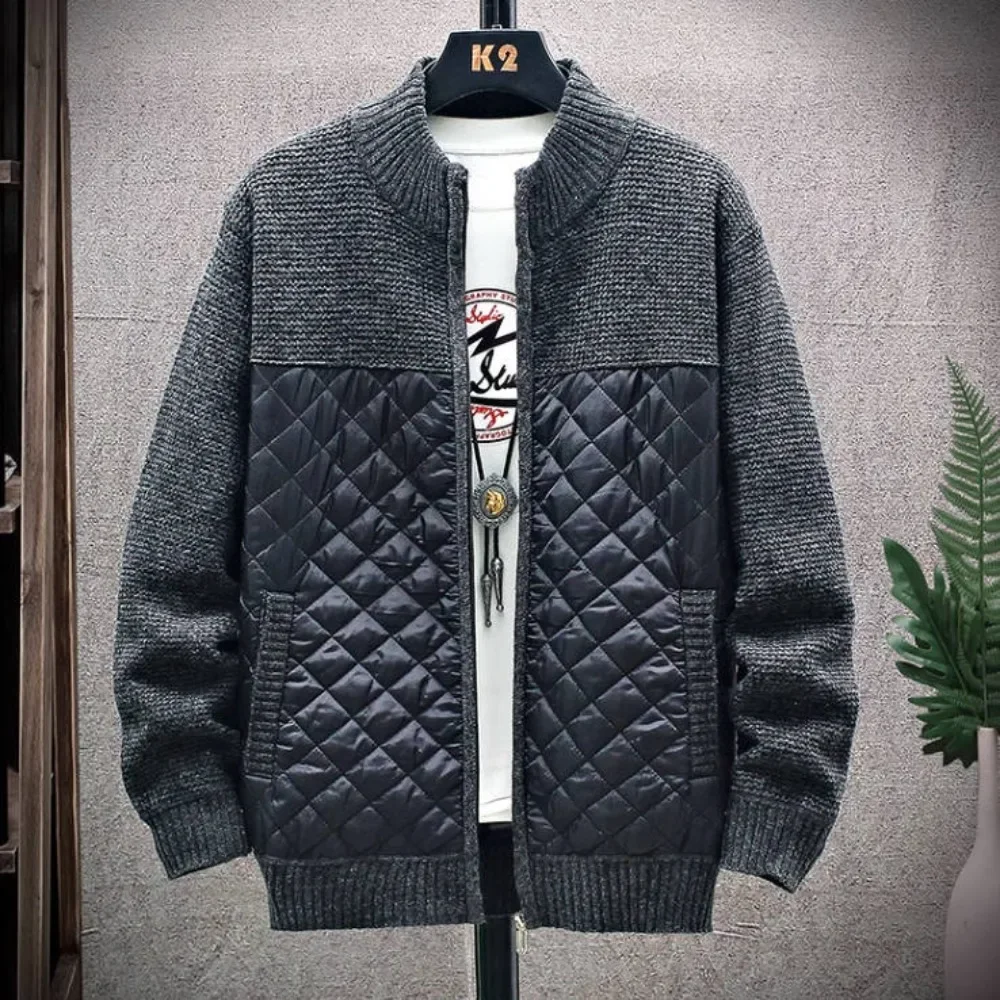 Men\'s Sweater Jacket Coat Fuzzy Lining Cardigan Warm Jacket Patchwork Thermal Sweatercoat Stand-up Collar Plus Size Clothing