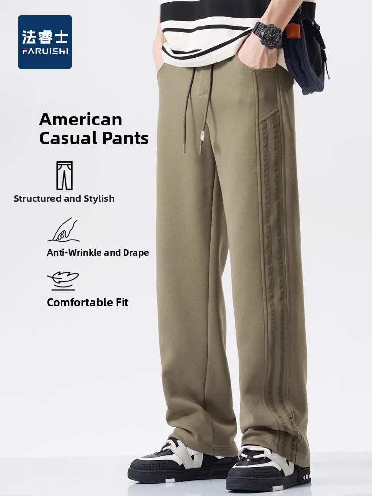 

Loose Casual Men's Sport Pants American Stripe Design Spring Autumn New Sle Straight Leg Wide Leg Long Trousers