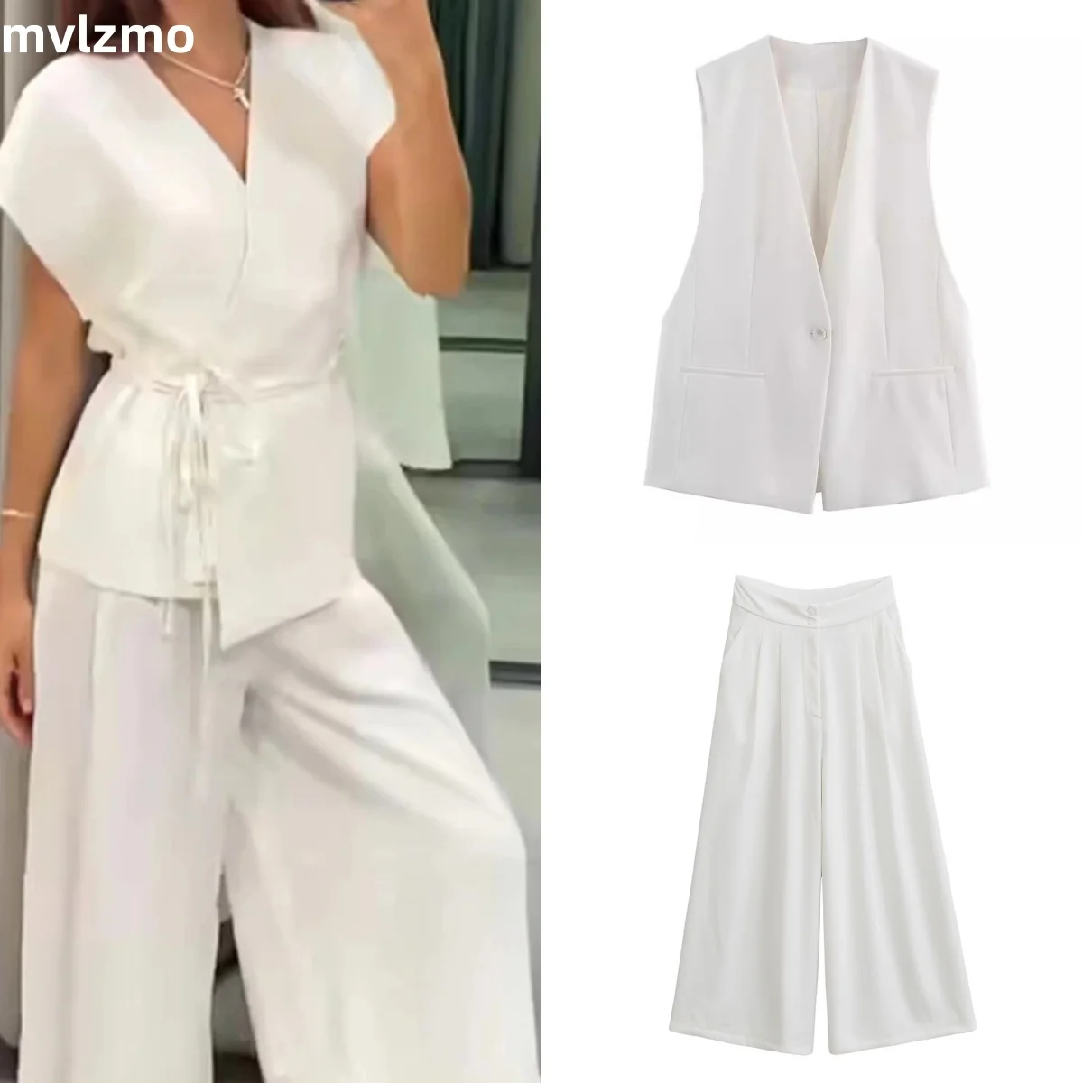 

New women's linen blend with belt V-neck vest vest + versatile casual draped wide-leg trousers