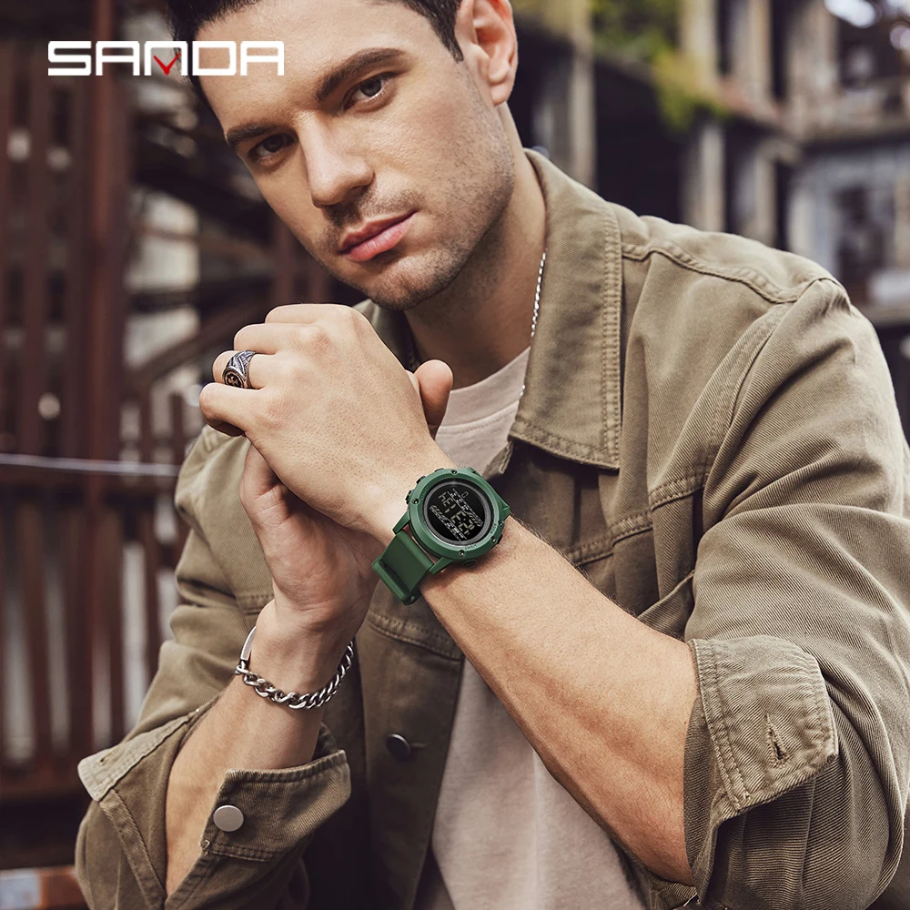 패션 SANDA 2180 학생 전자 다기능 위장 알람 스포츠 빛나는 열량계 단계 계산 디지털 시계