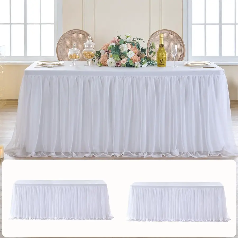

2 pk 6ft White Tulle Tablecloth for Rectangle Tables, 2in1 Table Covers with Tulle Skirt,Wrinkle Free Stretchy Ruffle Tulle Tabl