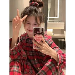 2026 New Doll Collar Red Checkered Pajama Set Students Falbala Homewear Women Spring Autumn Sleepwear Loose Lattice Loungewear