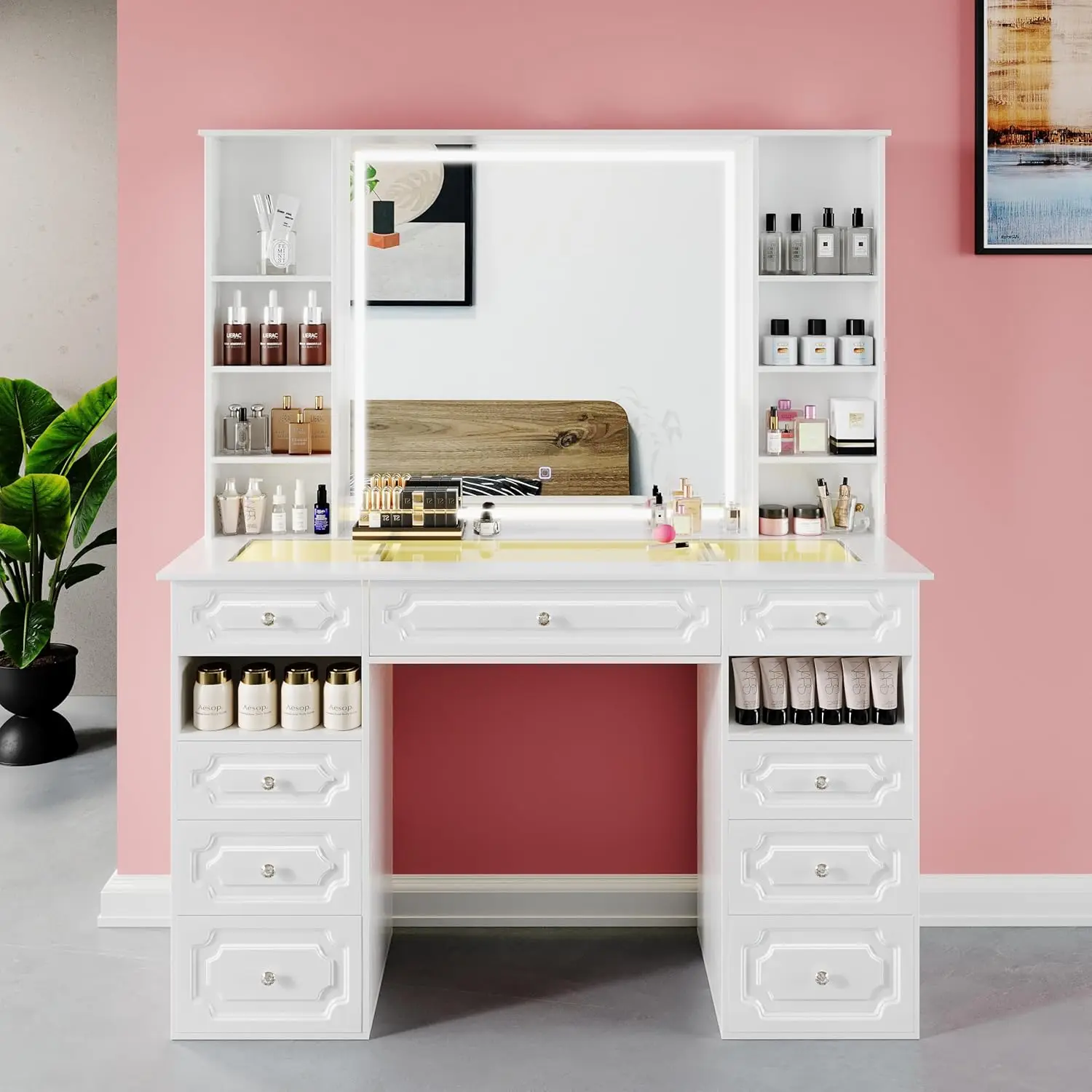 Extra Large Vanity Desk with Lighted Mirror,Huge Desktop Makeup Vanity Table with 9 Drawers,European Style Vanity,