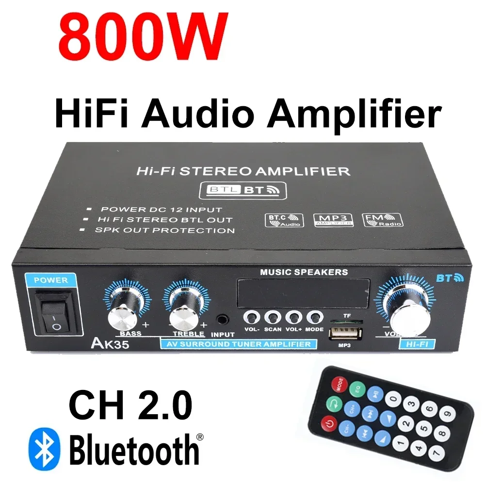 

AK35 Power Amplifier Channel 2.0 Bluetooth Bass Amplifiers Home HIFI Digital Audio Amp FM USB Remote 100-240V 12V