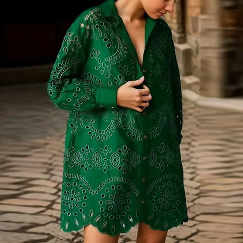 Summer Autumn Loose Hollow Out Shirts Solid Color Long Sleeve Commute Elegant Turn-down Collar Single Breasted Cardigans Blouses
